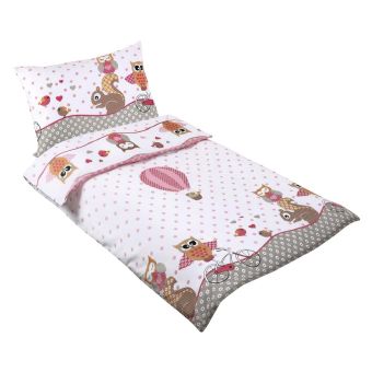 Dětské povlečení do postýlky RŮŽOVÁ SOVIČKA, bílé, bavlna hladká, 90x135cm + 45x60cm