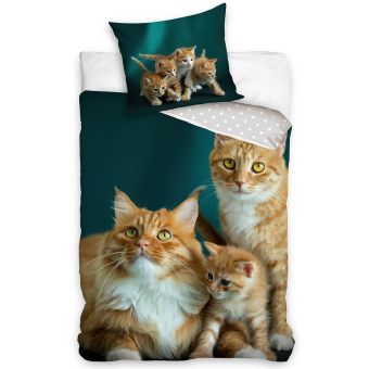 Dětské povlečení KOČIČÍ RODINKA, fototisk, smaragdově zelené, bavlna hladká, 140x200cm + 70x90cm 