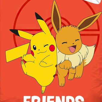 Dětské povlečení POKÉMON EEVE A PIKACHU, červené, bavlna hladká, 140x200cm + 70x90cm 