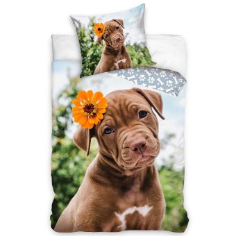 Dětské povlečení ŠTĚŇÁTKO S KVĚTINKOU, fototisk, zeleno-hnědé, bavlna hladká, 140x200cm + 70x90cm 