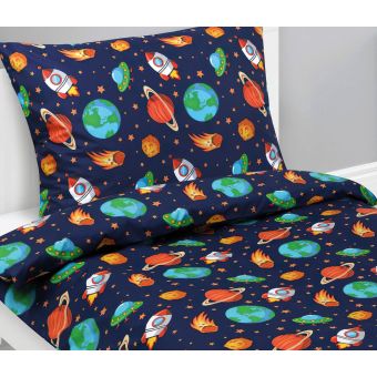 Dětské povlečení VESMÍR MODRÁ, ORANŽOVÁ, bavlna hladká, 140x200cm + 70x90cm 