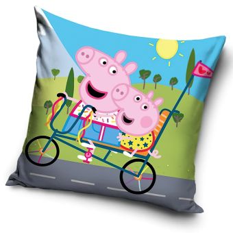 Dětský polštářek PRASÁTKO PEPINA VÝLET NA KOLE (PEPPA), zeleno-modrý 40x40cm