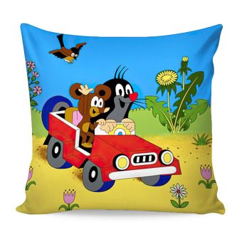 Dětský polštářek KRTEK 09 V AUTĚ S MYŠKOU (Krteček), žluto-modrý, 40x40cm