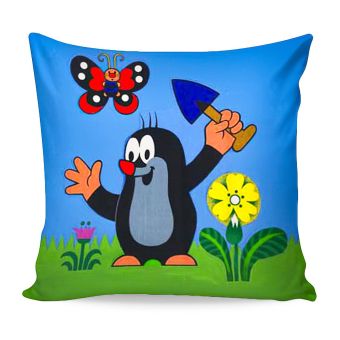 Dětský polštářek / povláček KRTEK S LOPATKOU A DEŠTNÍKEM (Krteček), zeleno-modrý, 40x40cm, 40x40cm (více variant výplně)