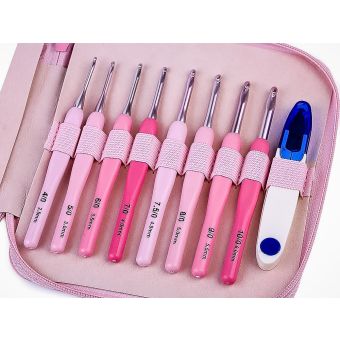 Háčky na háčkování hliníkové s plastovou rukojetí 040239, sada 8 velikostí + cvakačky v pouzdře, 13,7cm