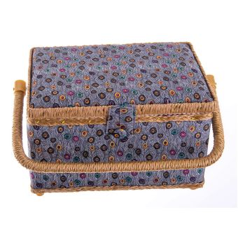 Kazeta / košík na šití, čalouněný 13 s výbavou, paví pera, fialová, 24 x 17,5 x 13cm