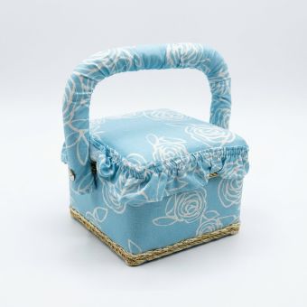 Kazeta / košík na šití, čalouněný, 31 BOX MALÝ, modrý s volánkem, 12,5 x 12,5 x 10cm