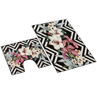 Koupelnová souprava 3D LILIE, růžovo-černá 100x60cm (předložka) + 60x50cm (na WC)