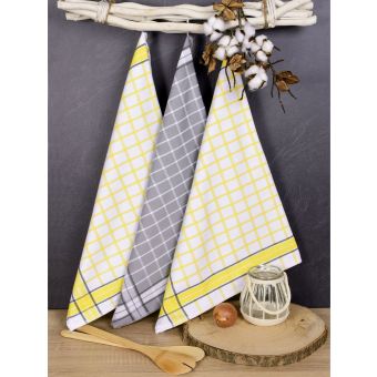 Kuchyňské utěrky EGYPTSKÁ BAVLNA FEMI, žluto-šedá kostka, 3 kusy, 50x70cm