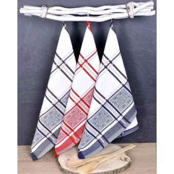 Kuchyňské utěrky EGYPTSKÁ BAVLNA SOLE MIX, šedo, modro-červeno-bílé káro s ornamenty, 3 kusy, 50x70cm