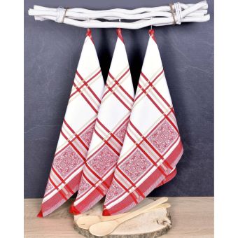 Kuchyňské utěrky EGYPTSKÁ BAVLNA SOLE RED, červeno-bílé káro s ornamenty, 3 kusy, 50x70cm