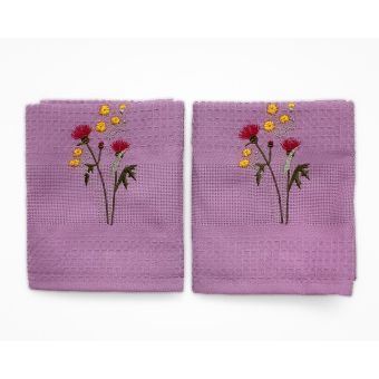 Kuchyňské utěrky KVĚTINY vaflové vyšívané, fialová, 2 kusy 45x70cm