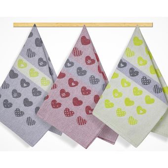 Kuchyňské utěrky SRDÍČKA ŠEDÉ, ČERVENÉ, ZELENÉ, 3 kusy, 50x70cm