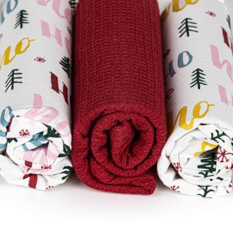 Kuchyňské utěrky vánoční AK-3942, HO HO, stromečky, bílo-vínová 3 kusy dárkové balení, 40x70cm