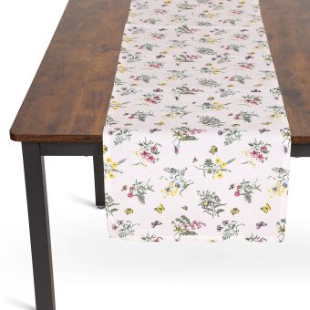 Kuchyňský ubrus / běhoun QK-180, luční kvítí, bílo-růžová 35x180cm