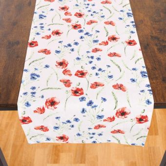 Kuchyňský ubrus / běhoun QK-192, vlčí máky, červeno-modrá 35x180cm
