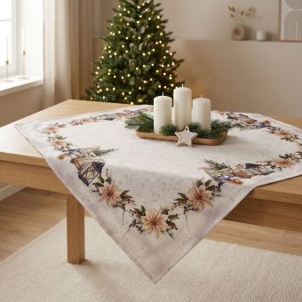 Kuchyňský ubrus vánoční CYH6060C, skřítek s lucernou, béžová 85x85cm (čtverec) 