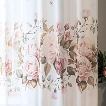 Kusová záclona voálová RŮŽE, růžová na bílé, s řasicí páskou a olůvkem, (více rozměrů)
