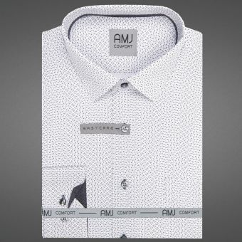 Pánská košile AMJ bavlněná, bílá se světle a tmavě šedým vzorem VDBR1471, dlouhý rukáv (regular + slim-fit + prodloužená délka)