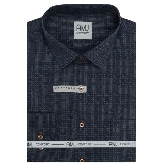 Pánská košile AMJ bavlněná, tmavě modrá s béžovými čárkovanými puntíky VDB1466, dlouhý rukáv (regular + slim-fit + prodloužená délka)