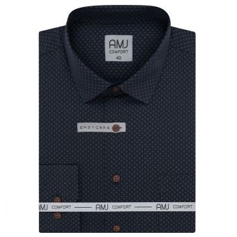 Pánská košile AMJ bavlněná, tmavě modrá s béžovými křížky VDB1397, dlouhý rukáv (regular + slim-fit + prodloužený slim-fit)