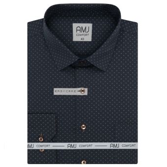 Pánská košile AMJ bavlněná, černá s béžovými čárkovanými puntíky VDB1405, dlouhý rukáv (regular + slim-fit + prodloužená délka)