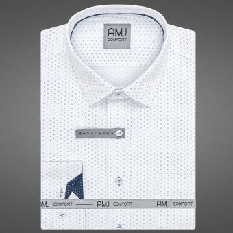 Pánská košile AMJ bavlněná, bílá s modrými tečkovanými trojúhelníky VDBR1351, dlouhý rukáv (regular + slim-fit)