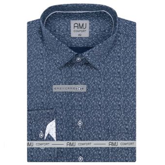 Pánská košile AMJ bavlněná, tmavě modrá s bílým prší vzorem VDBR1382, dlouhý rukáv (regular + slim-fit + prodloužená délka)