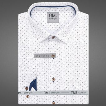 Pánská košile AMJ bavlněná, bílá s béžovými tečkami VDBR1414, dlouhý rukáv (regular + slim-fit + prodloužený slim-fit)