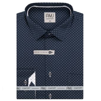 Pánská košile AMJ bavlněná, tmavě modrá s bílými čárkovanými puntíky VDBR1415, dlouhý rukáv (regular + slim-fit + prodloužený slim-fit)