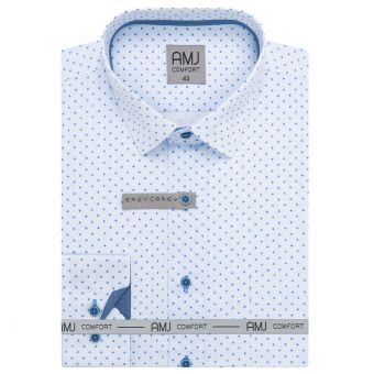 Pánská košile AMJ bavlněná, bílá s modrými kvítky a tečkami VDBR1417, dlouhý rukáv (regular + slim-fit + prodloužený slim-fit)
