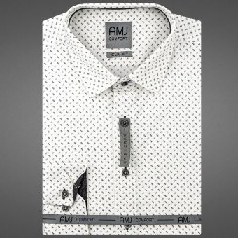 Pánská košile AMJ bavlněná, bílá s černými vlnkami a puntíky VDSBR1236, dlouhý rukáv (slim-fit + prodloužený slim-fit)