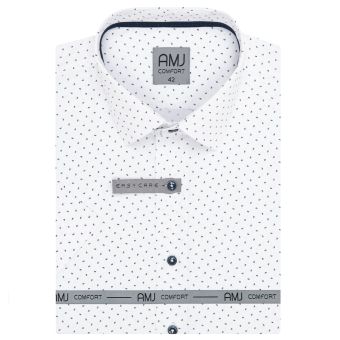 Pánská košile AMJ bavlněná, bílá s drobnými písmenky VKBR1275, krátký rukáv, (regular + slim fit)