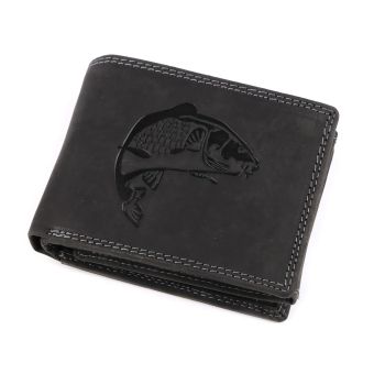 Pánská kožená rybářská peněženka s RFID ochranou, 870349/22, černá - ryba, matná, 9,5 x 15 x 3,5 cm
