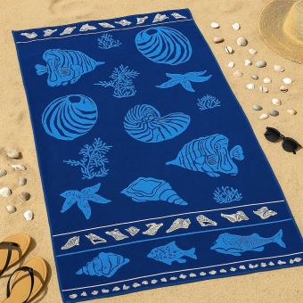 Plážová osuška MOŘE, ryby a mušle, modrá, froté, 90x170cm