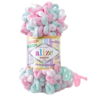 Pletací příze Alize PUFFY COLOR 6052 zeleno-růžovo-bílý melír, efektní, 100g/9m