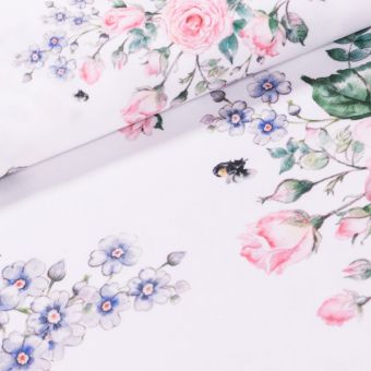 Polyesterové plátno se zátěrem / ubrusovina 8955-14, šípkové růže na bílé, š.155cm (látka v metráži)