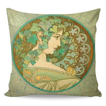 Polštářek ALFONS MUCHA BŘEČŤAN A VAVŘÍN, zelený, 40x40cm