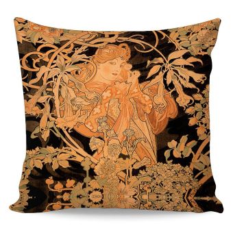 Polštářek ALFONS MUCHA ŽENY S KVĚTINAMI, béžovo-černý, 40x40cm