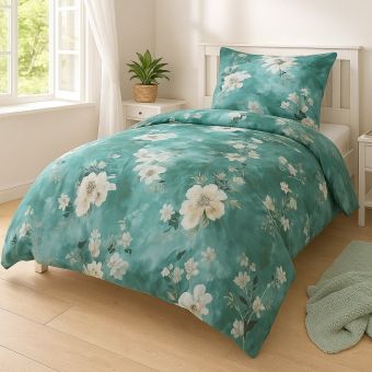 Povlečení FIONA, květinový vzor, tyrkysové, bavlněný mako satén, 140x200cm + 70x90cm
