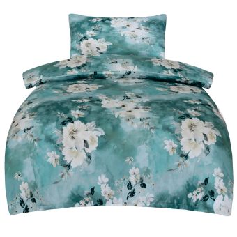 Povlečení FIONA, květinový vzor, tyrkysové, bavlněný mako satén, 140x200cm + 70x90cm