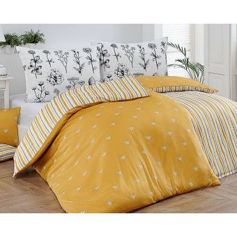 Povlečení Matějovský ADORE, žluté proužky a květy, bavlněný satén, 140x200cm + 70x90cm