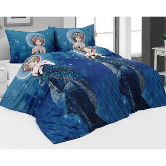 Povlečení Matějovský ALFONS MUCHA MOON, modré, bavlna hladká digitál, 140x200cm + 70x90cm