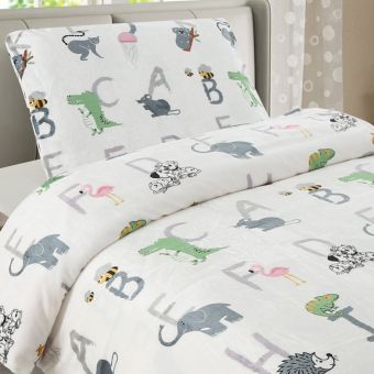 Povlečení dětské ABCD, písmenka se zvířátky na bílé, mikroflanel, 140x200cm + 70x90cm