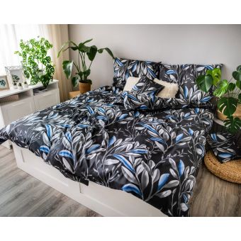 Povlečení EMA BLANCHE, modré listy na šedé, bavlněný satén, 140x200cm + 70x90cm 