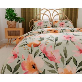 Povlečení FLORALIS, květnový vzor na bílo-zeleném podkladu, bavlněný satén, 140x200cm + 70x90cm