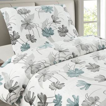 Povlečení GABRIELA, tyrkysové a šedé květy, mikroflanel, 140x200cm + 70x90cm
