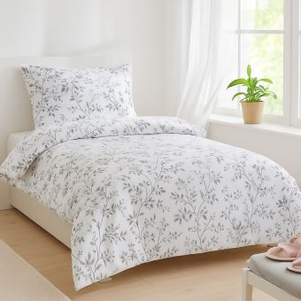 Povlečení GLORIA, šedý květinový vzor, bílé, bavlněný mako satén, 140x200cm + 70x90cm