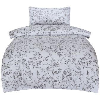 Povlečení GLORIA, šedý květinový vzor, bílé, bavlněný mako satén, 140x200cm + 70x90cm