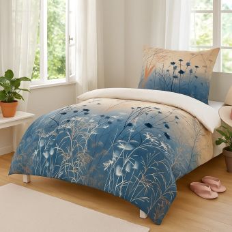 Povlečení HERBAL, rostlinný motiv, modro-béžové, bavlněný mako satén, 140x200cm + 70x90cm